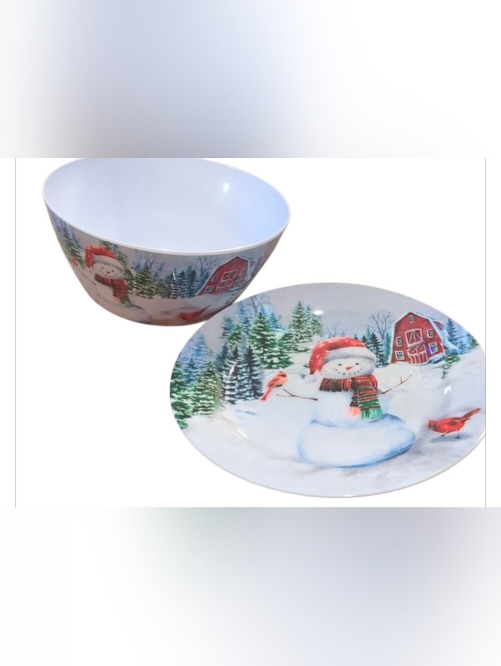 Festive Snowman and Cardinal Serving  Bowl and Serving Plate Set